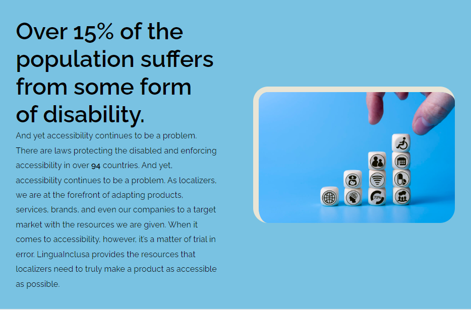 screenshot of website with text describing that 15% of the population deals with a disability